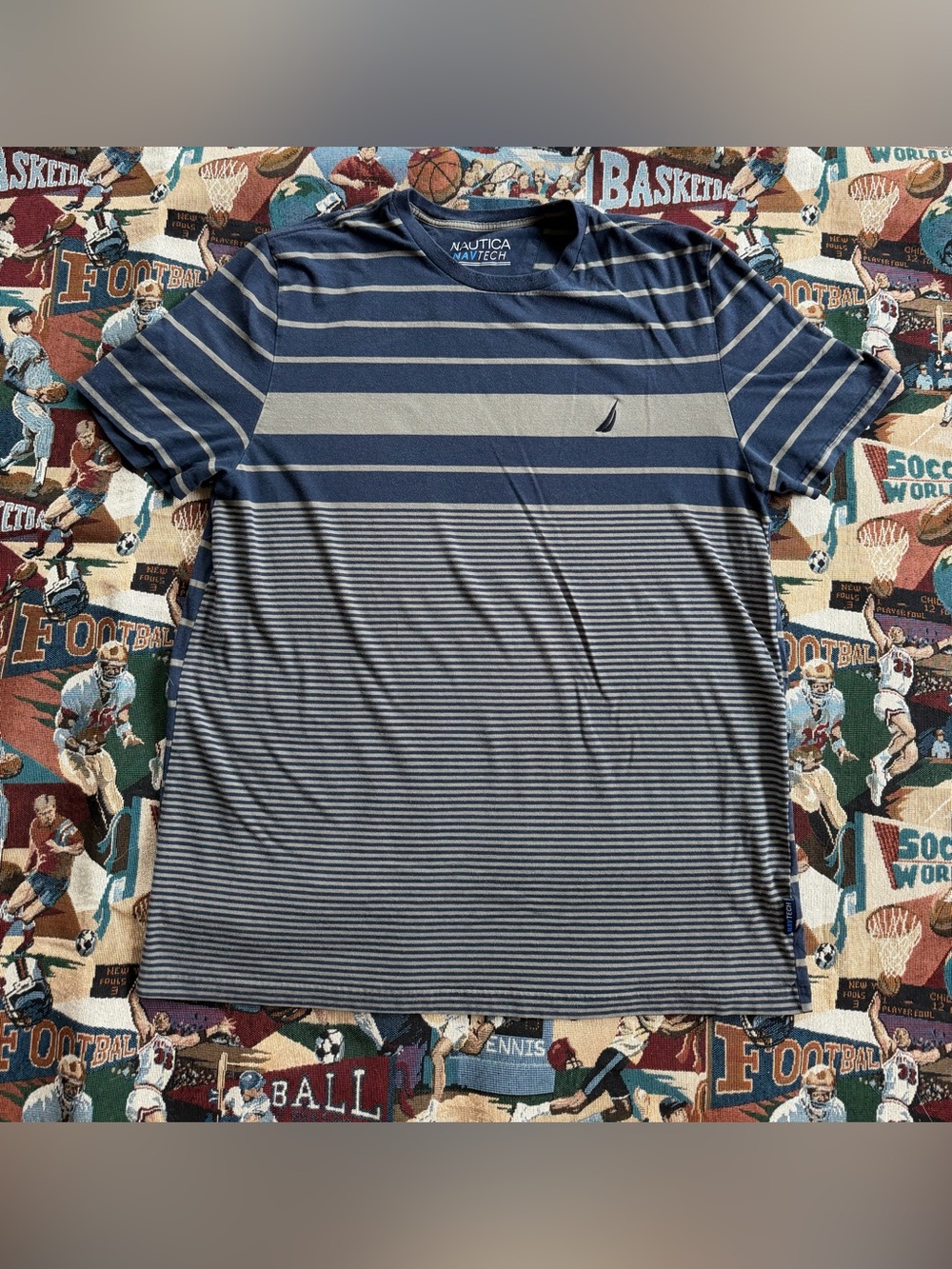 Men’s Nautica Navy Blue and White Horizontal Striped T-shirt